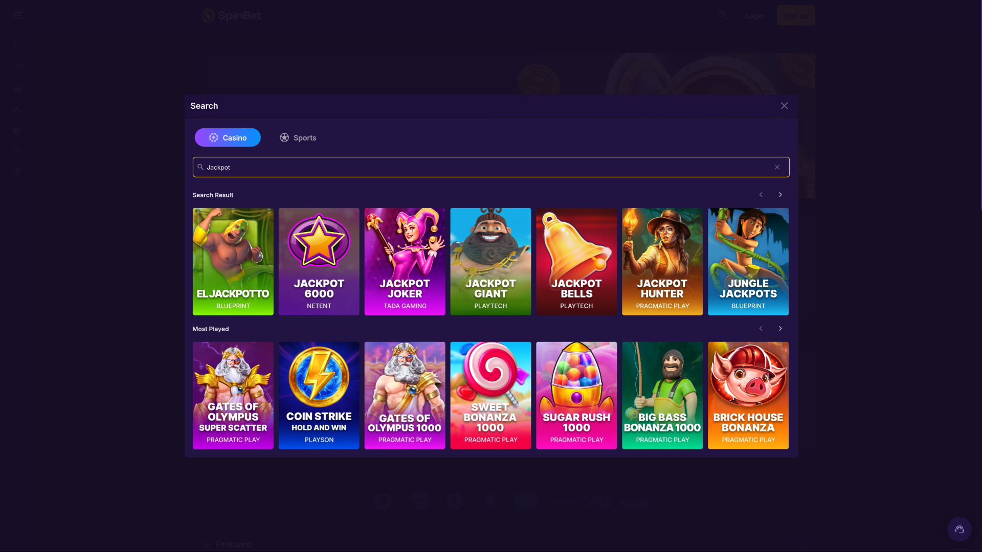 Джекп от Spinbet Casino для компьютера