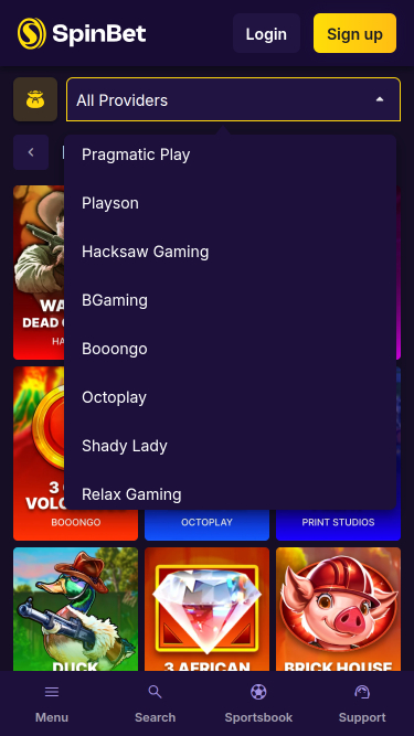 Мобильные разработчики игр Spinbet Casino