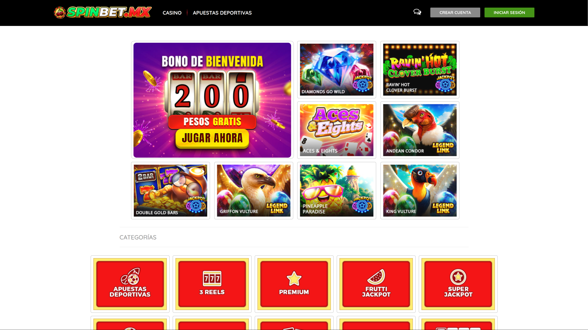 Homepage Spinbet per desktop