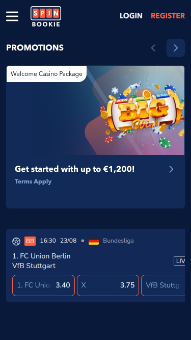 Página de inicio móvil de Spinbookie Casino