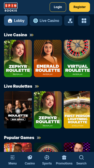 Живой дилер на мобильном устройстве в Spinbookie Casino