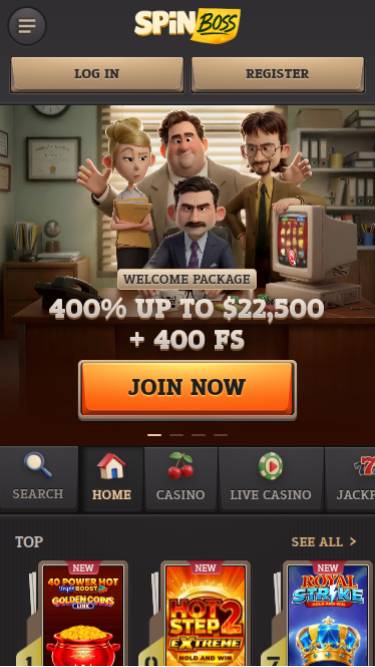 Скриншот главной страницы мобильного приложения Spinboss Casino
