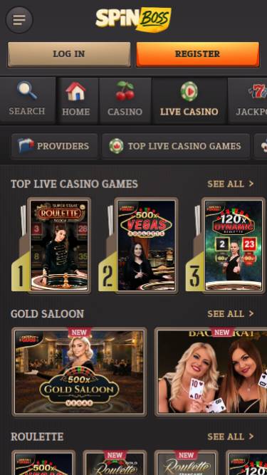 Скриншот мобильной версии Spinboss Casino в режиме реального времени