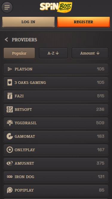 Скриншот мобильной страницы Spinboss Casino от провайдера