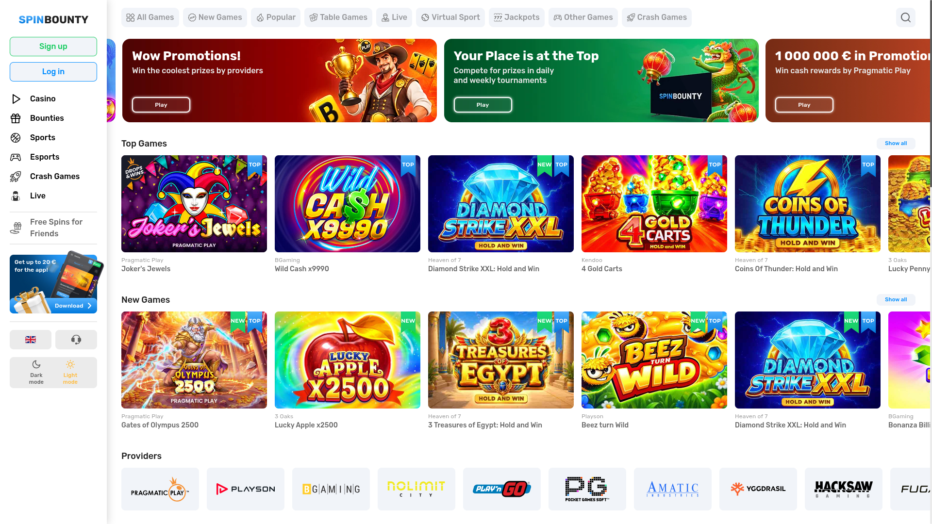 Page d'accueil du casino SpinBounty pour ordinateur