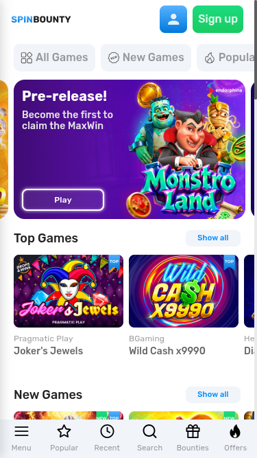 Page d'accueil mobile du casino SpinBounty