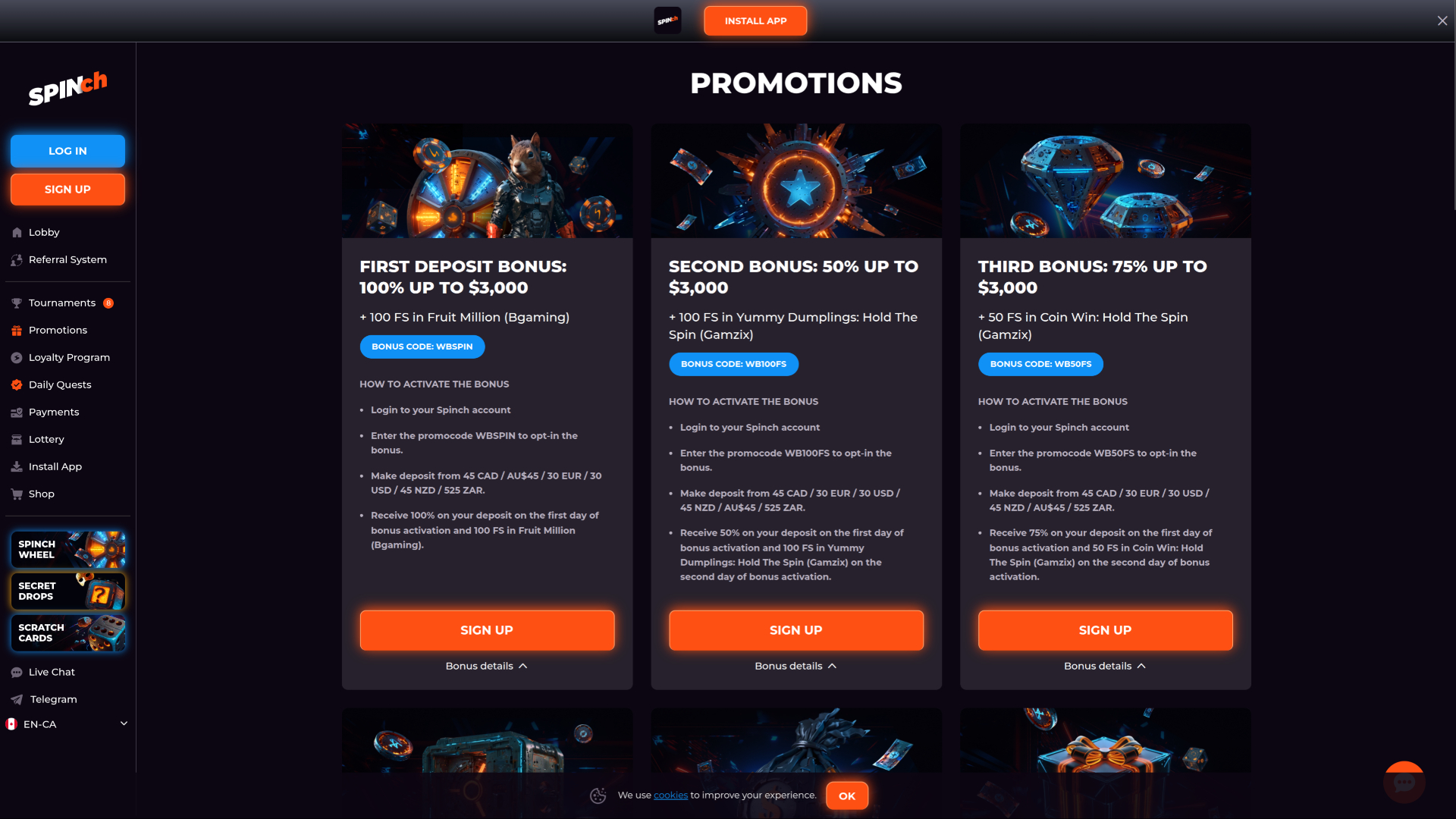 Spinch Casino Desktop-Aktionen