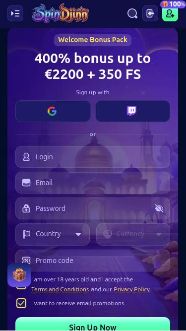Pagina iniziale mobile di SpinDjinn Casino