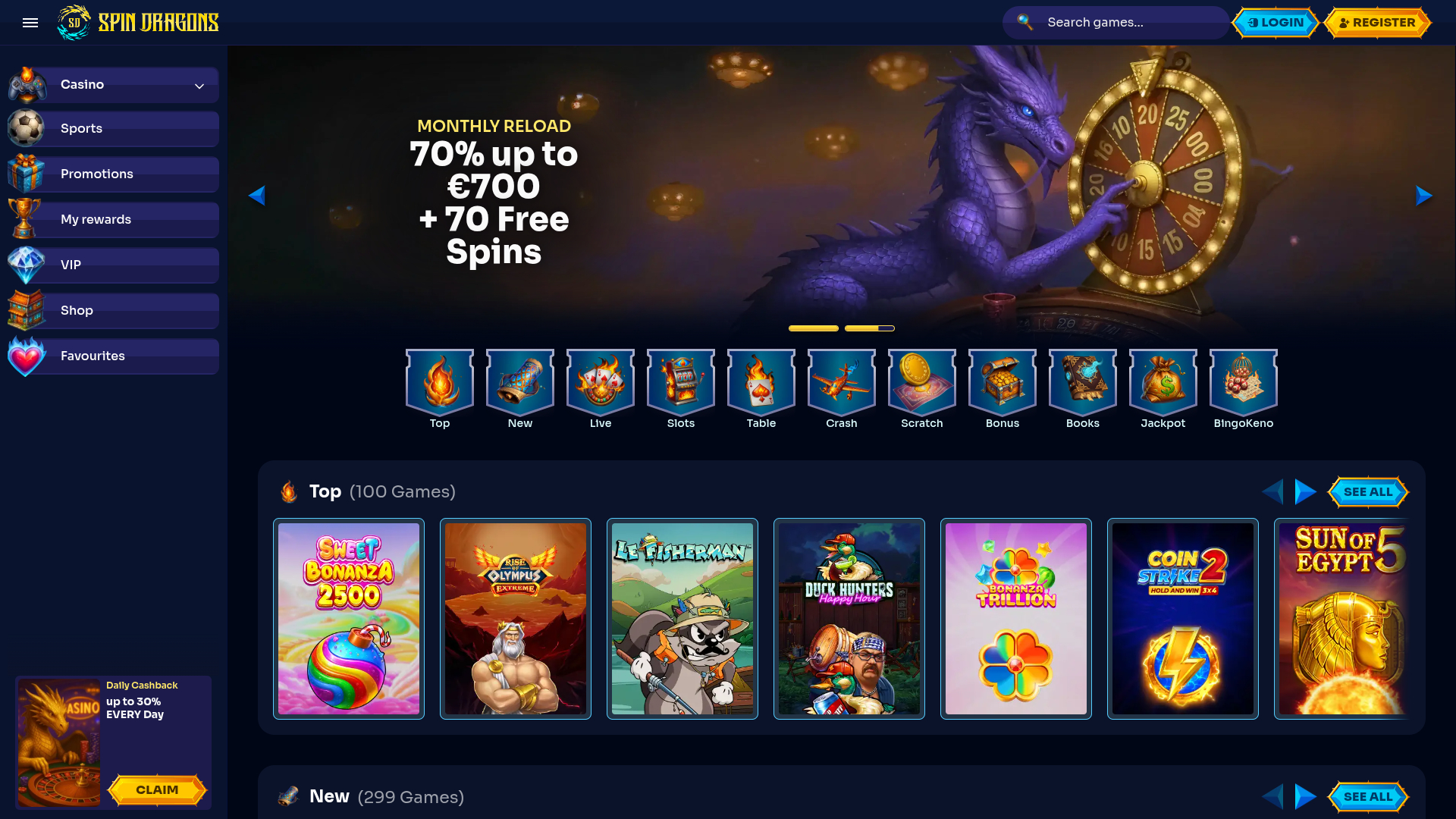 Page d'accueil du casino SpinDragons pour ordinateur