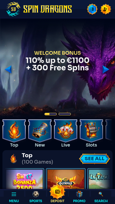 Page d'accueil mobile du casino SpinDragons