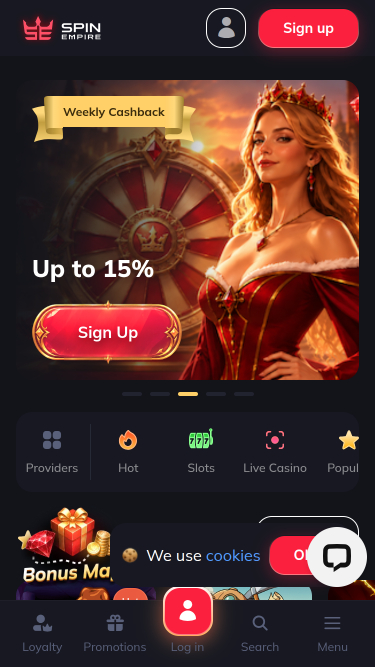 Página de inicio móvil del casino SpinEmpire