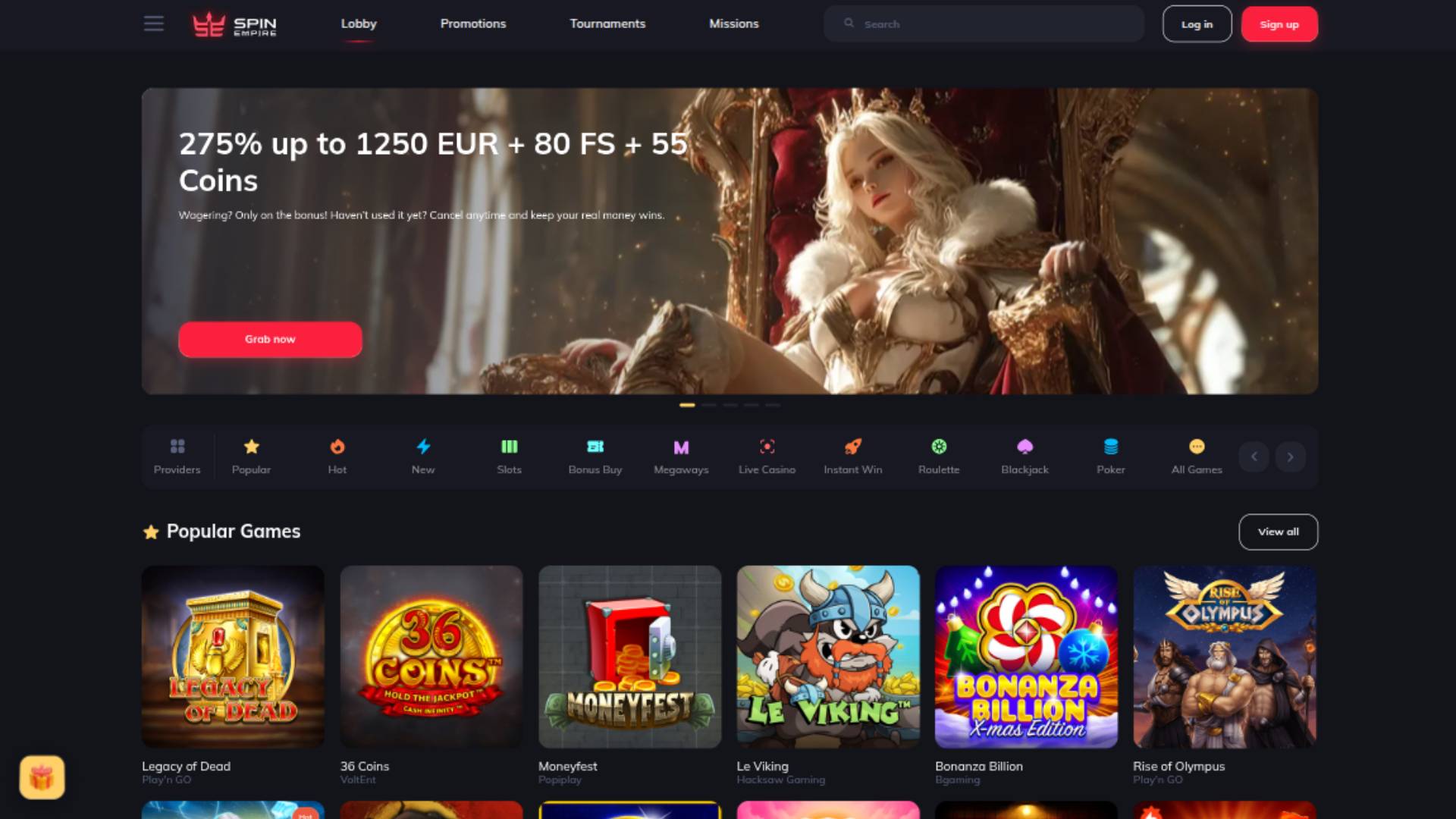Screenshot della homepage di SpinEmpire Casino