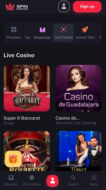 Screenshot della pagina mobile in diretta di SpinEmpire Casino