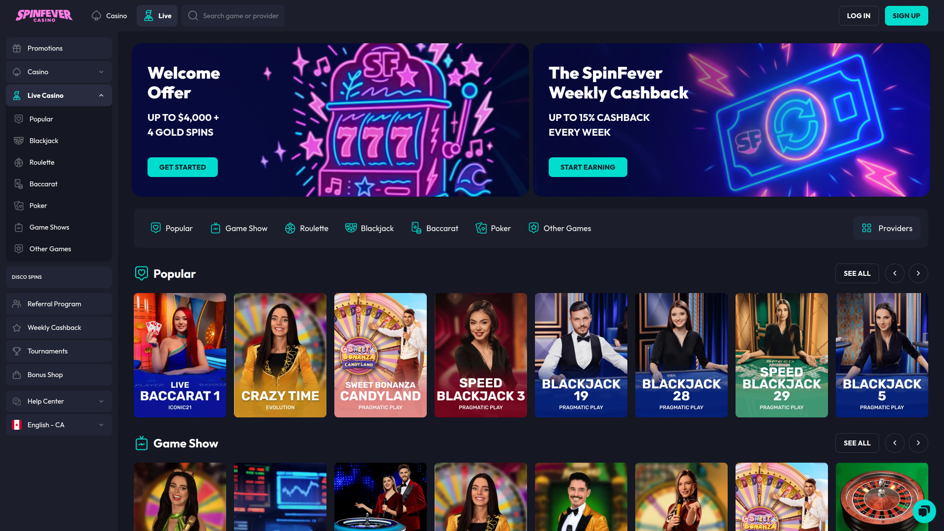 Casino Spinfever pour ordinateur avec croupier en direct