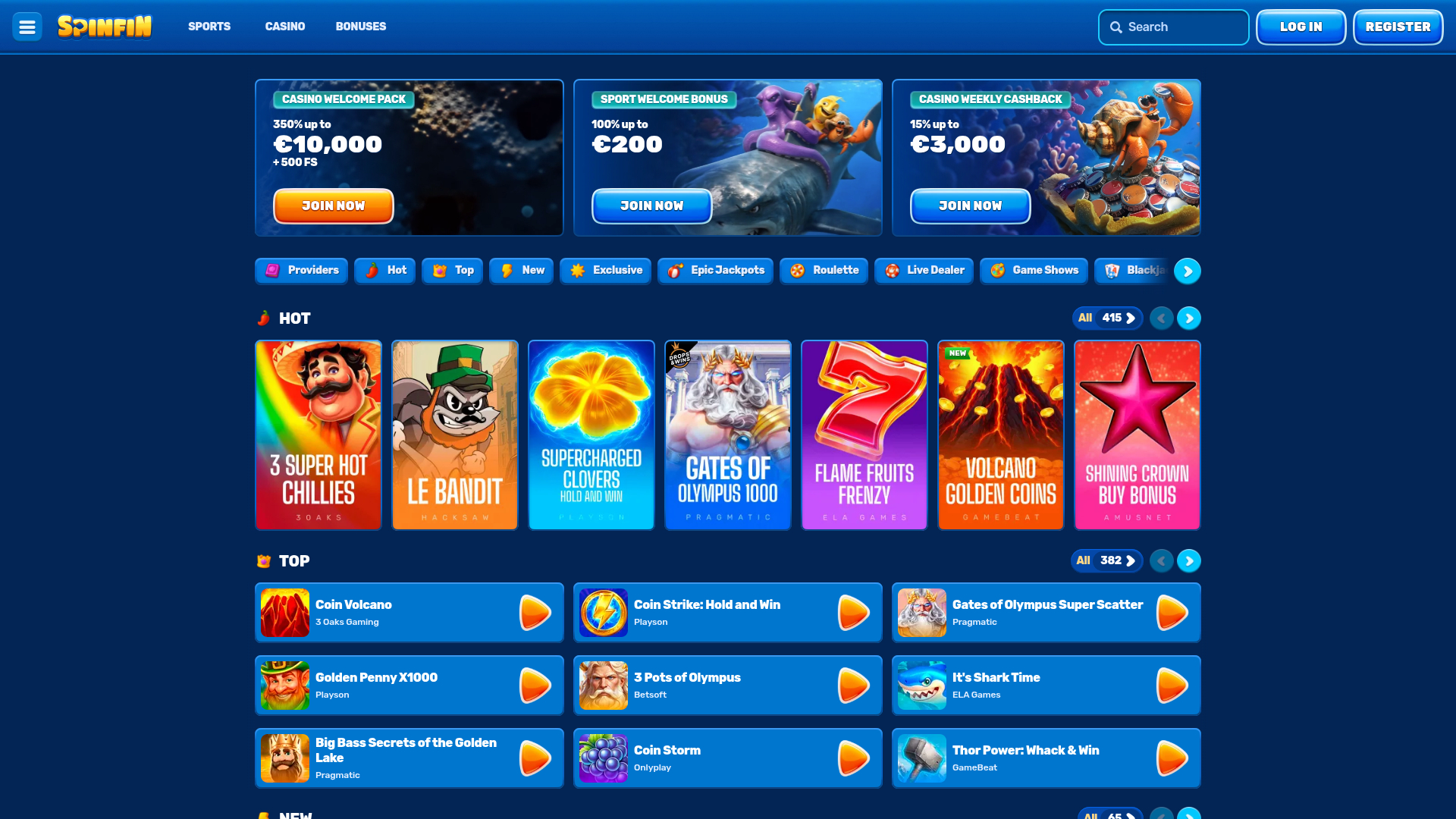 Spinfin Casino Desktop Homepage