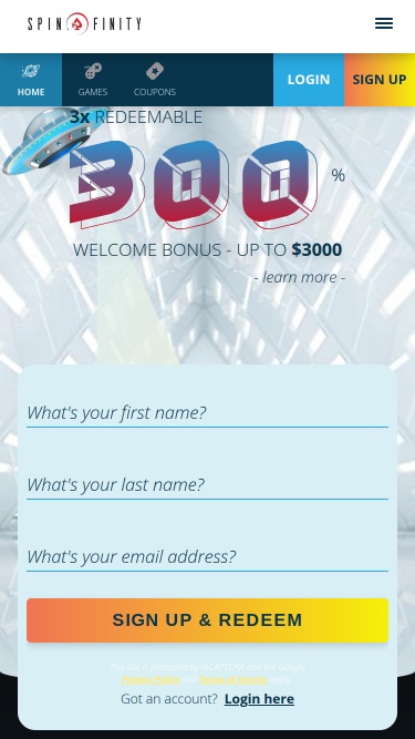 Spinfinity Casino Mobile Homepage