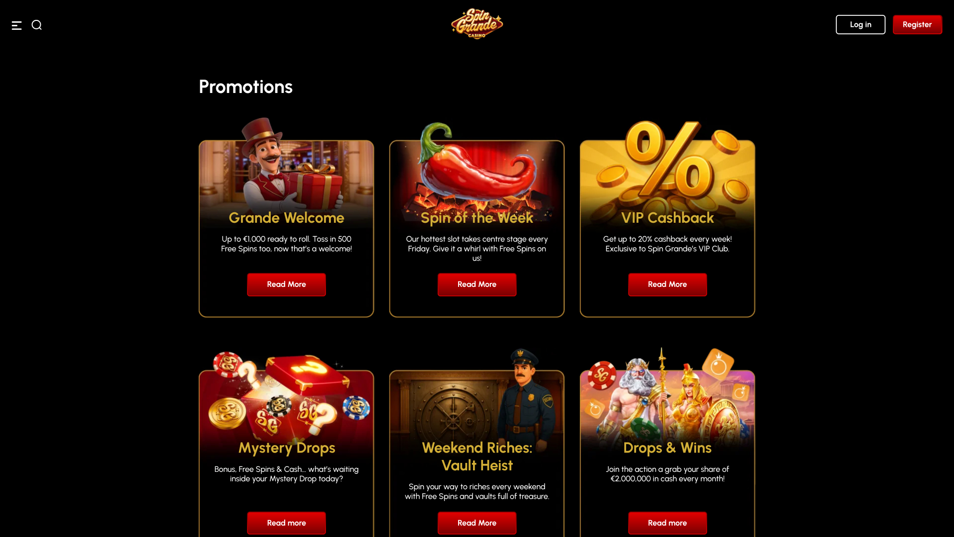 Captura de pantalla de las promociones de Spingrande Casino para ordenador