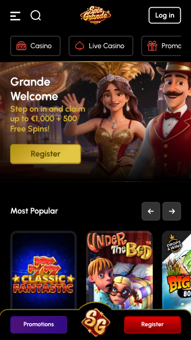Captura de pantalla de la página de inicio de Spingrande Casino para móviles.