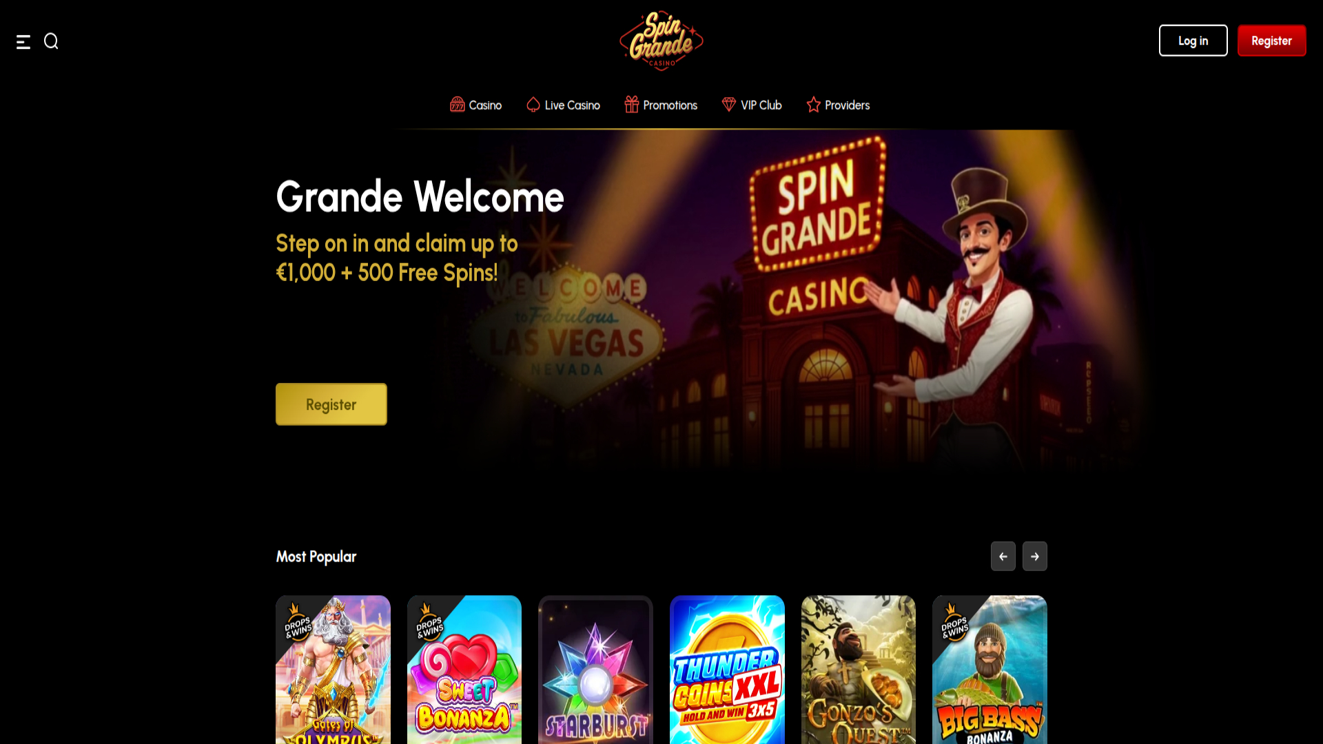 Screenshot der Homepage von Spingrande Casino