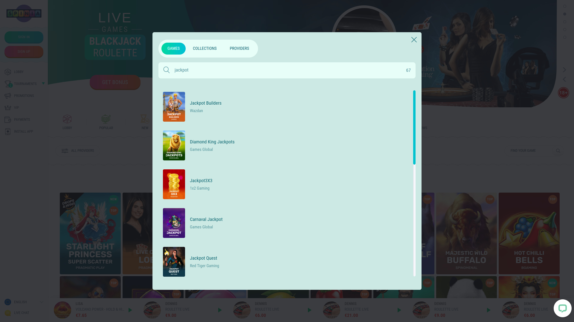 Jackpot de bureau du casino Spinia