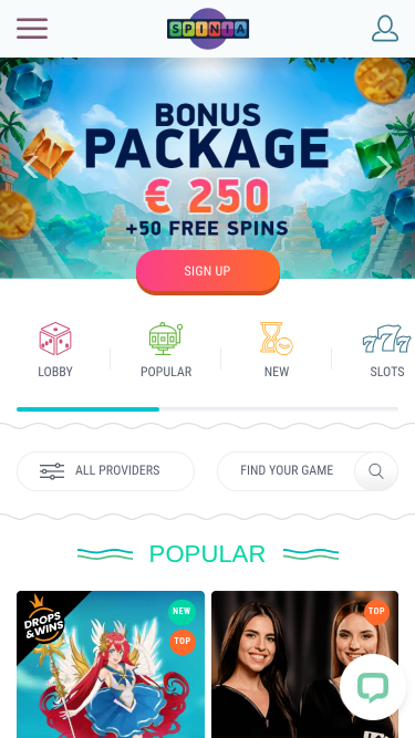 Page d'accueil mobile du casino Spinia