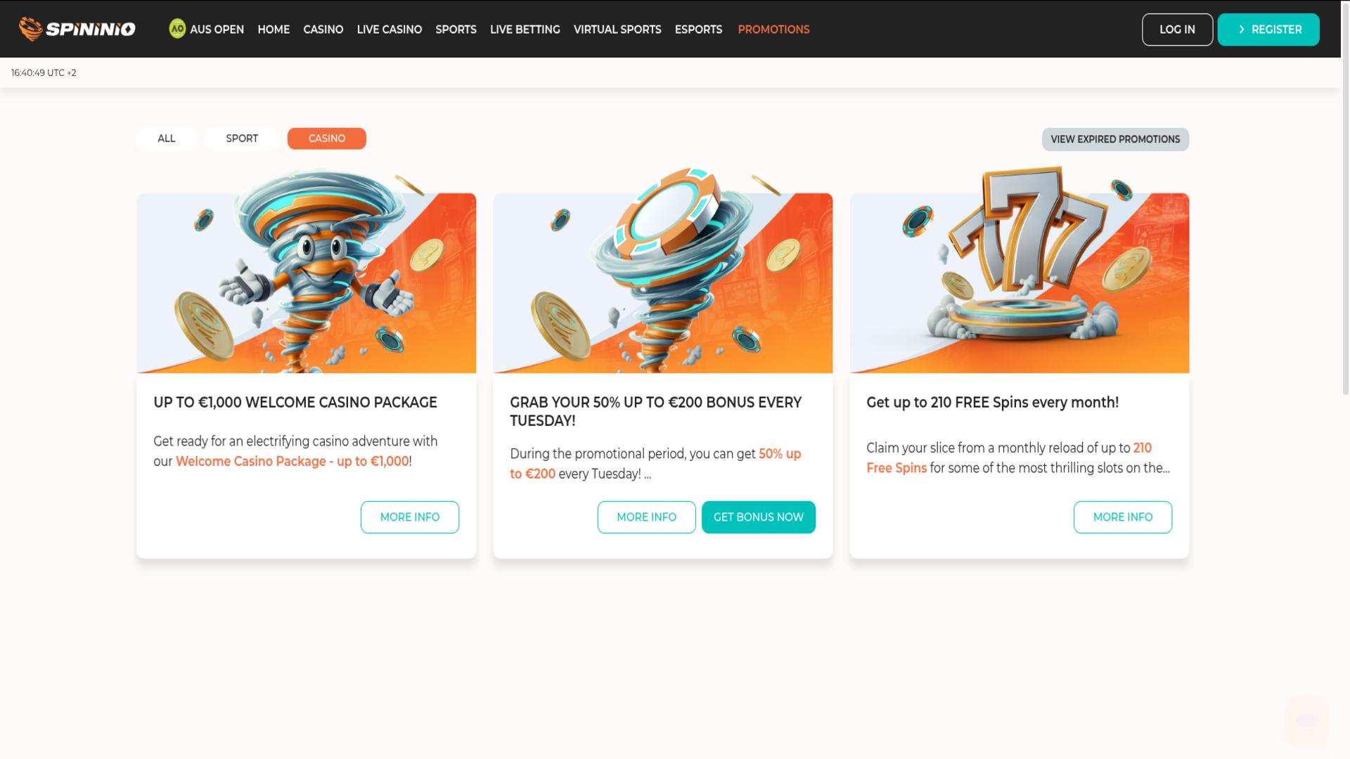 Spininio Casino promotions page
