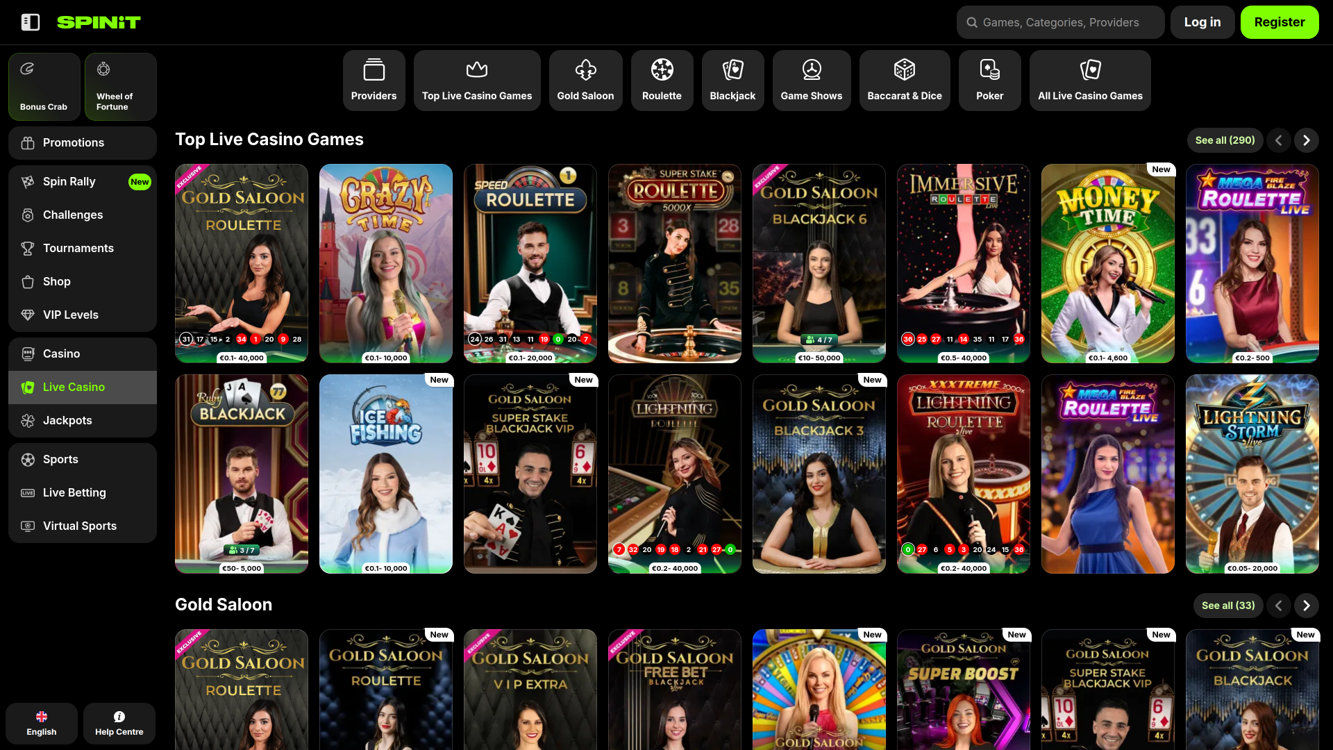 Casino Spinit.com pour ordinateur avec croupier en direct