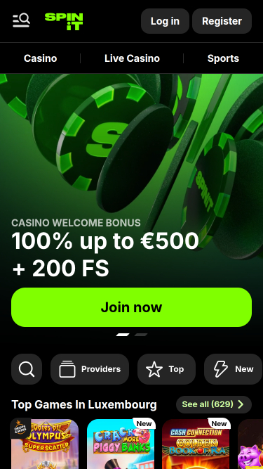 Page d'accueil mobile du casino Spinit.com