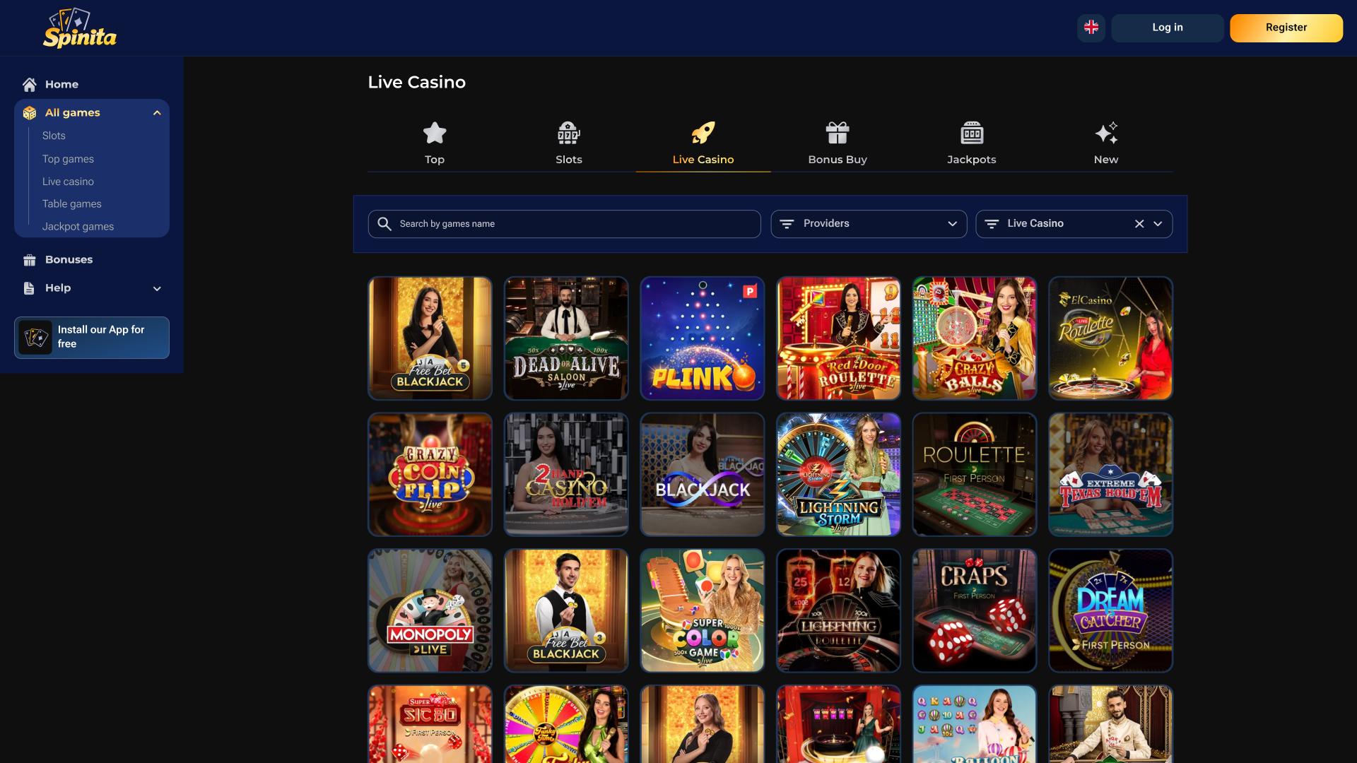 Spinita Casino live dealer page