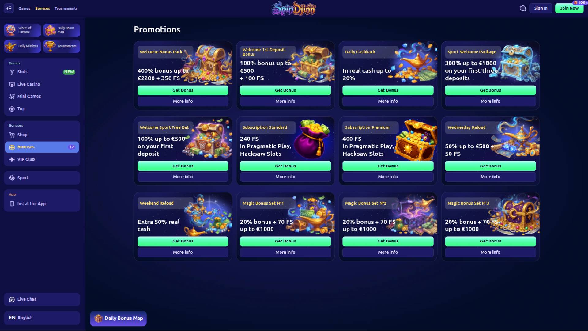 Promozioni per desktop di SpinDjinn Casino