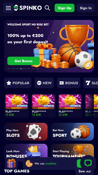 Spinko Casino Mobile Homepage