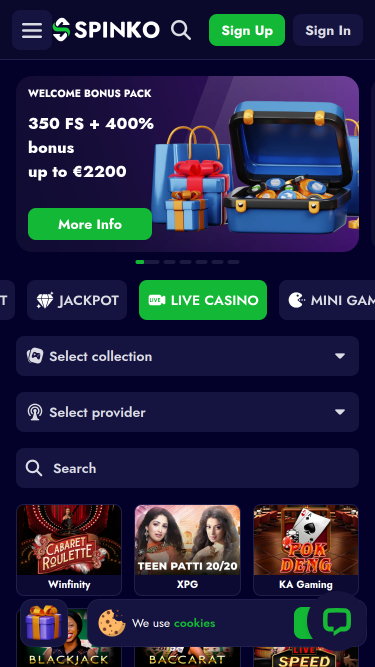 Spinko Casino Mobile Live Dealer