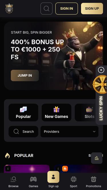 SpinKong Casino mobile homepage