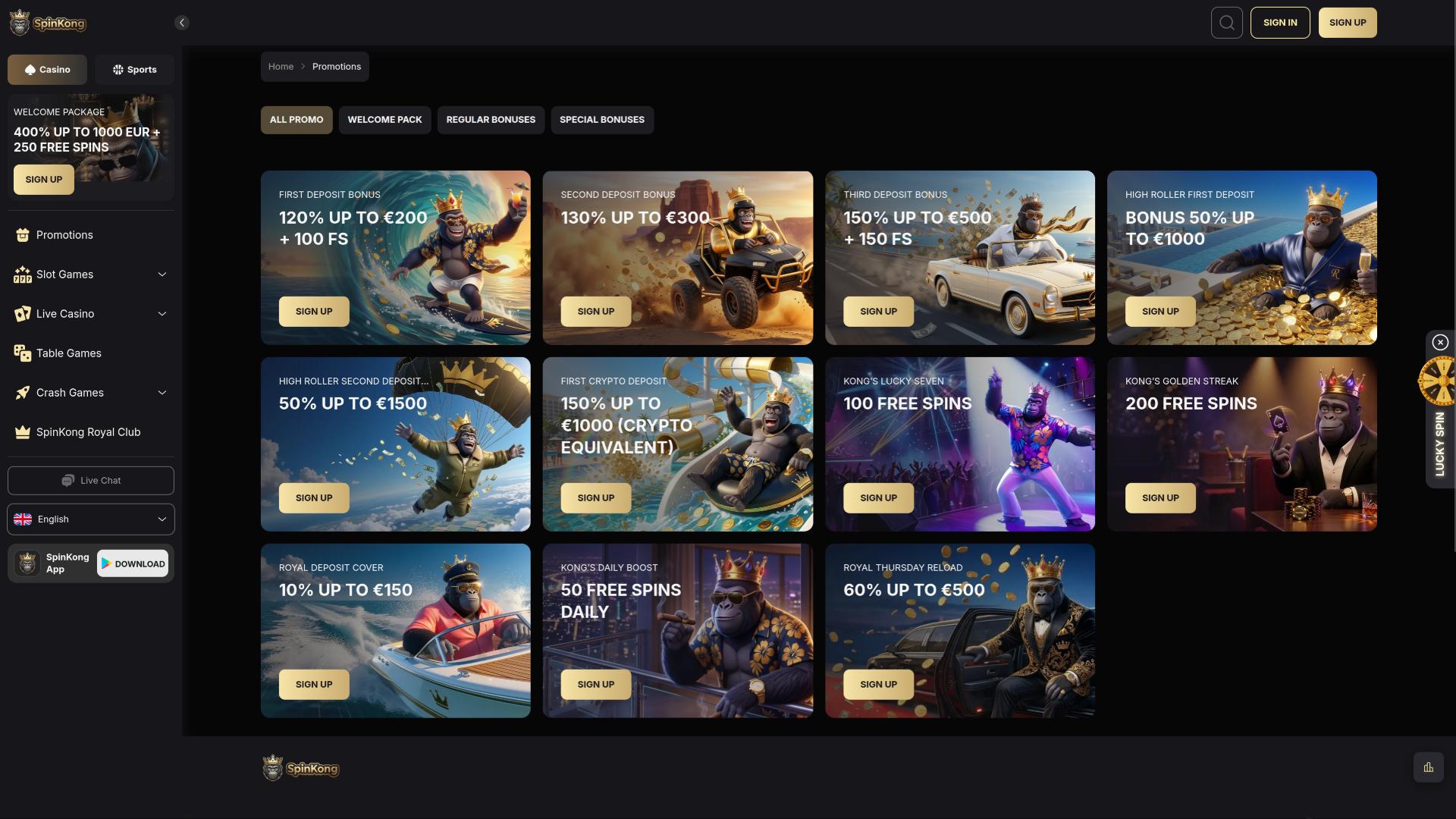 SpinKong Casino promotions page