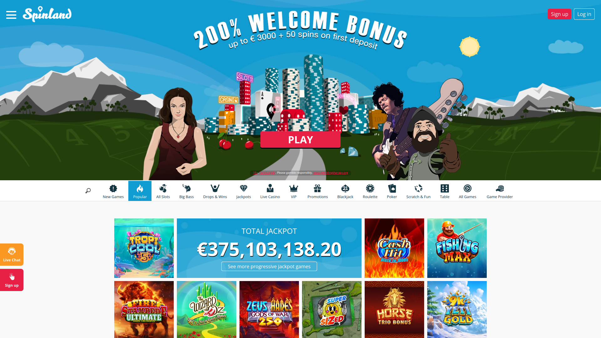 Page d'accueil de Spinland Casino ordinateur