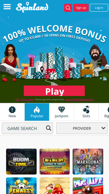 Page d'accueil mobile de Spinland Casino