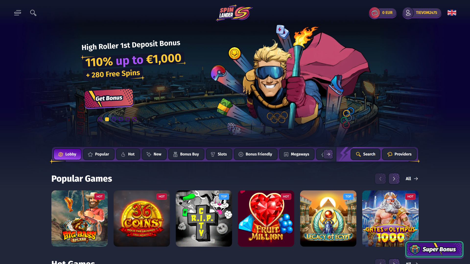 Page d'accueil du casino Spinlander pour ordinateur