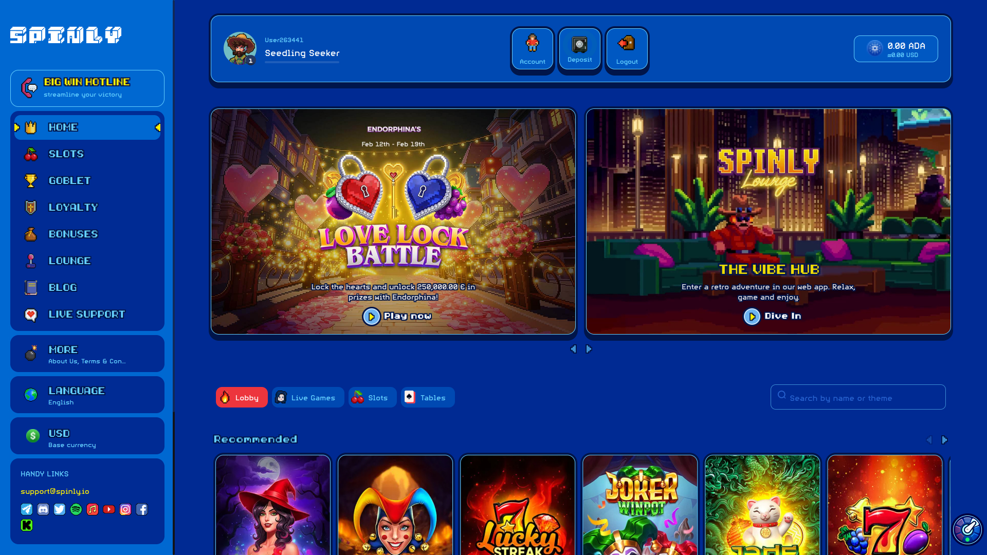 Spinly Casino Desktop Homepage