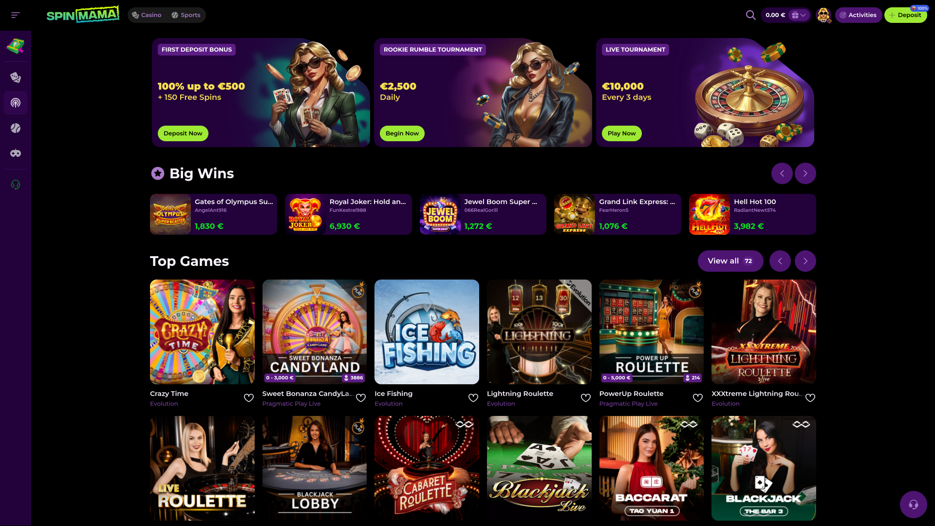 Casino Spinmama pour ordinateur avec croupier en direct