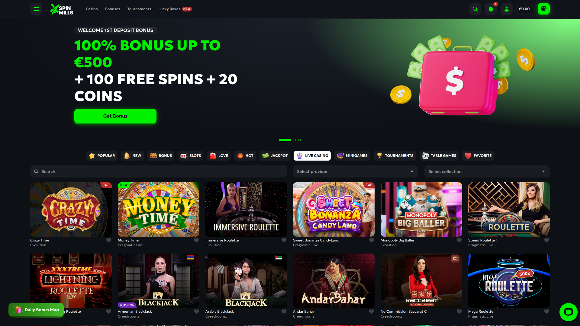 Casino Spinmills sur ordinateur avec croupier en direct