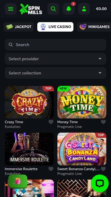 Casino Spinmills Mobile avec croupier en direct