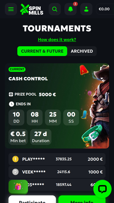 Tournois mobiles du casino Spinmills
