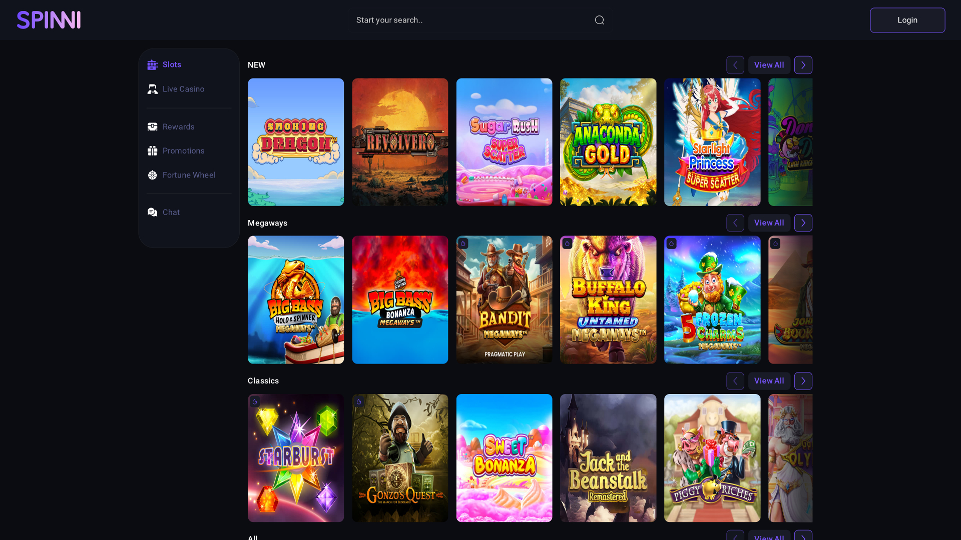 Page d'accueil de Spin Casino pour ordinateur