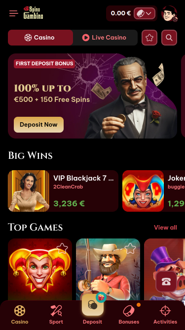 Página de inicio móvil de Spinogambino