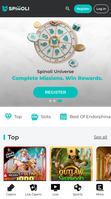 Spinoli Casino Mobile Homepage