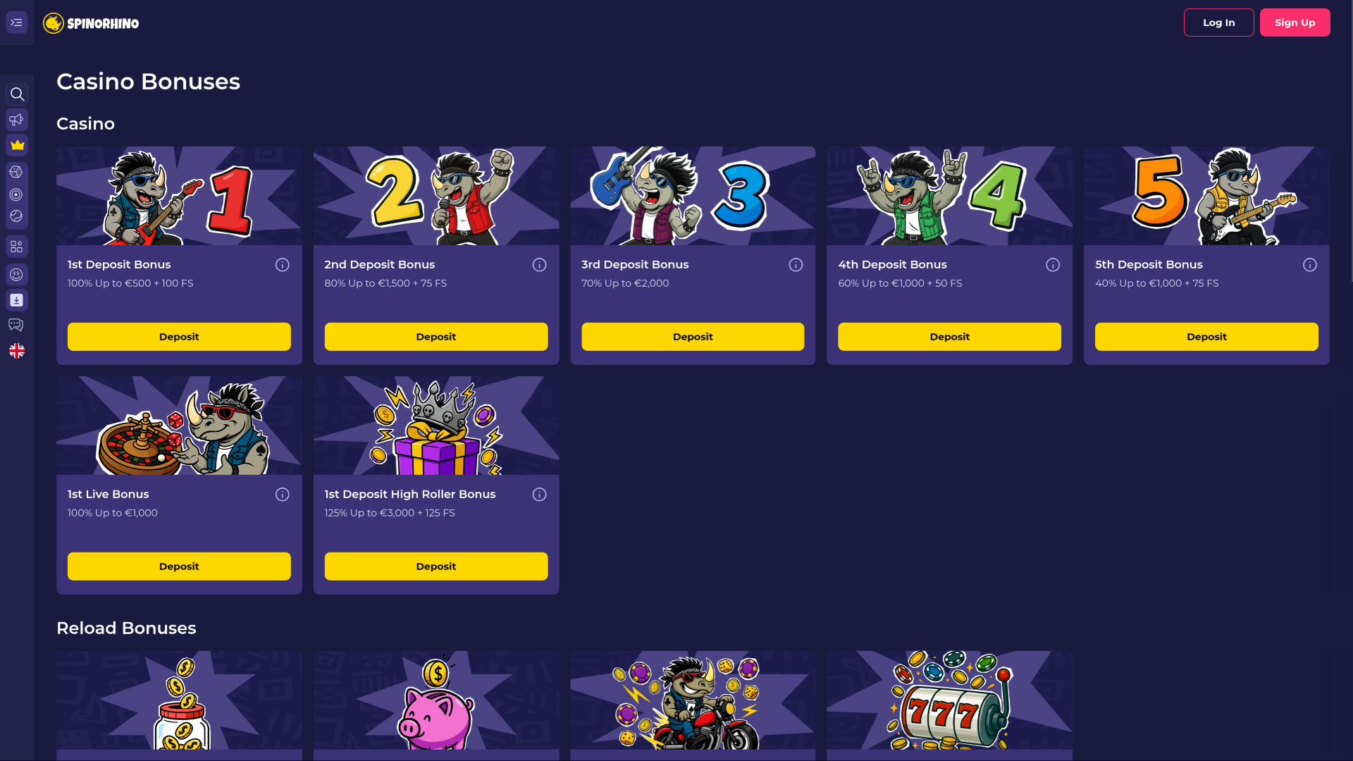 Promociones de escritorio de Spinorhino Casino