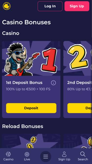 Promotions mobile page screenshot of Spinorhino Casino