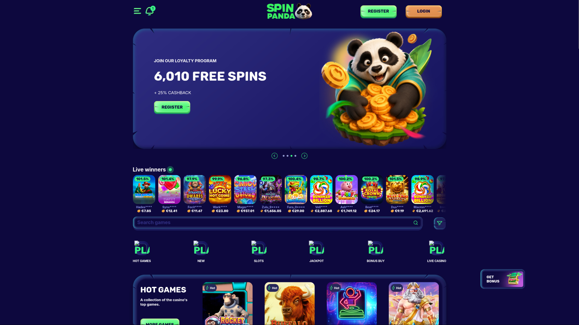SpinPanda Casino Desktop-Startseite