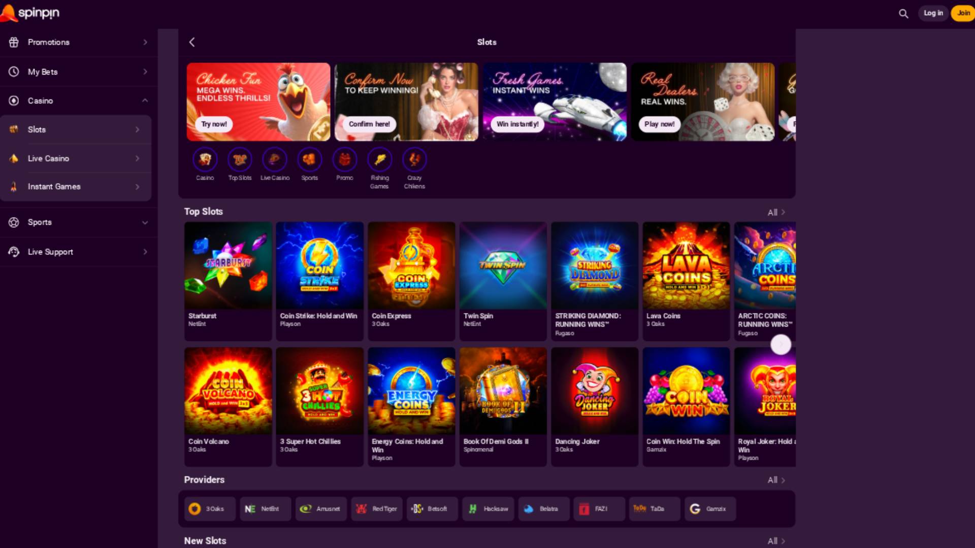 Games page screenshot of SpinPin Casino