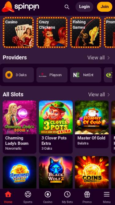 Homepage mobile screenshot of SpinPin Casino